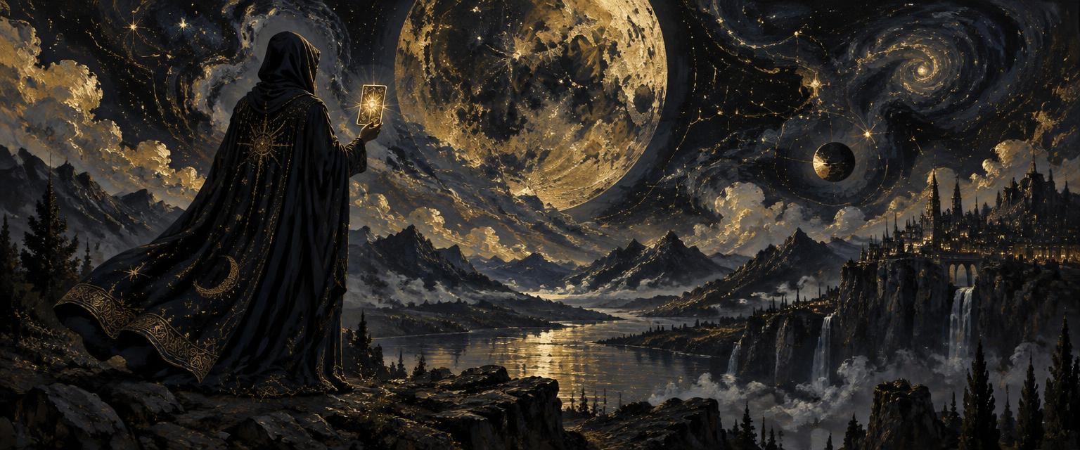 A robed seer on a cliff holding a glowing tarot card beneath an enormous gilded moon
